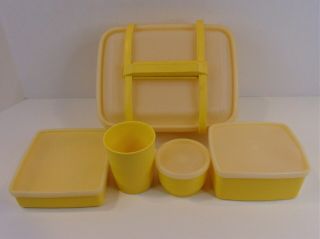 Vintage Yellow Tupperware Pack N Carry Lunch Box Set 3 Storage Containers 1 Cup 2