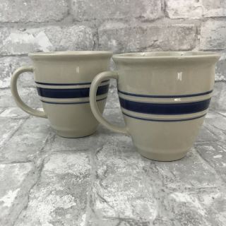 2 Tienshan Country Crock Stoneware Large Coffee Mugs White With Blue Stripe