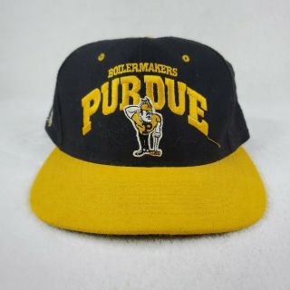 Vtg Purdue University Boilermaker Hat Nutmeg Snapback Wide Brim Black Gold Pete