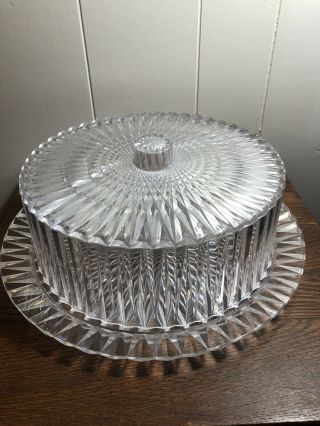 Vintage Mcm Clear Lucite Plastic Cake Plate & Cover Faceted Starburst Pattern