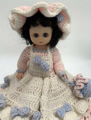 Vintage Doll With Handmade Crochet Dress Pink And White Blue