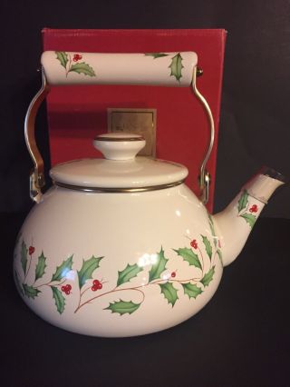 Lenox Holiday Tea Kettle Pot Full Size Metal Enamel Ceramic Handle Festive