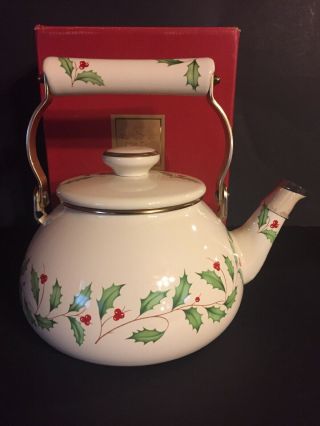 Lenox Holiday Tea Kettle Pot Full Size Metal Enamel Ceramic Handle Festive 2