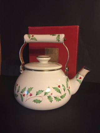 Lenox Holiday Tea Kettle Pot Full Size Metal Enamel Ceramic Handle Festive 3