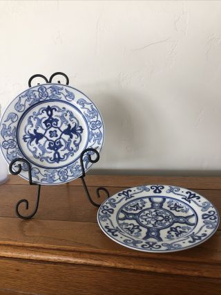 2 Vintage Bombay Company Blue And White Salad Plates Different Patterns 8”
