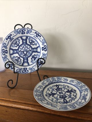 2 Vintage Bombay Company Blue and White Salad Plates Different Patterns 8” 2