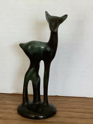 Vintage Blue Mountain Art Pottery Standing Deer Green Glazed Red Clay Figurine
