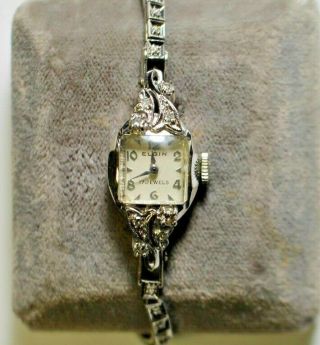Solid 14kt White Gold Ladies Elgin Diamond Wristwatch And Band Estate