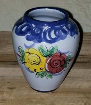 Vintage Floral Vase 5 Inch Blue Hand Painted Made In Portugal 1962