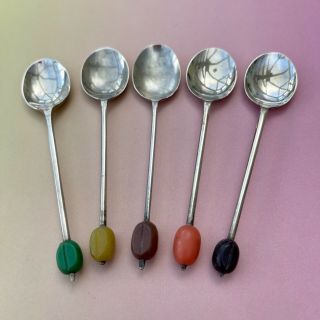 Vintage Coffee Bean Spoons X5 - Art Deco Epns Silver Plate Cutlery