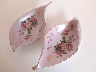 2 Vintage Ceramic Leaf Trinket Dishes Pink Roses,  Gold Trim,  Folded Edges - Japan