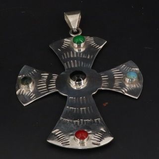 Vtg Sterling Silver - Mexico Taxco Onyx & Turquoise Etched Cross Pendant - 12g