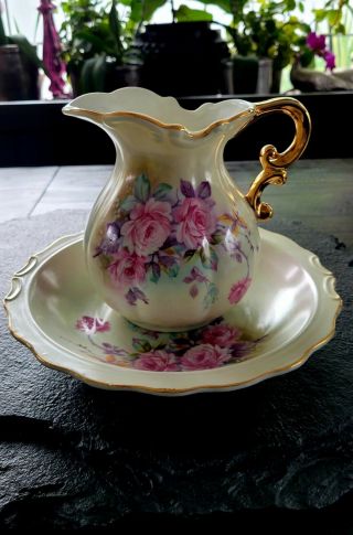 Vintage Lefton China Hand Painted Pitcher (6.  4 ") And Bowl With Roses