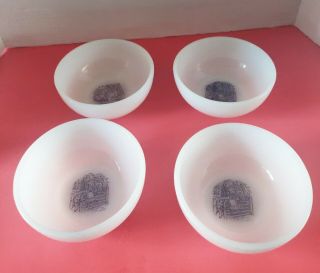 4 Currier & Ives Milk Glass Cereal Bowls Children Garden Gate Blue