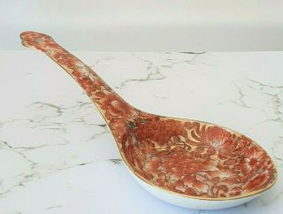 Vintage Hand Painted Gold Large Chinese Soup Spoon Rest Red Orange Asian Decor