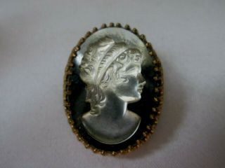 Vintage High Relief Cameo Bust Jet & Clear Glass Gold Tone Pendant Brooch Pin