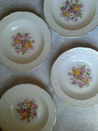 Vintage Edwin M Knowles China Vitreous Wide Rim Cabbage Rose Soup Bowls Set Of 4