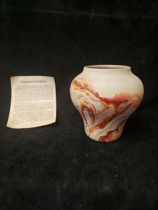 Nemadji Pottery Vase Usa Orange And Red Marble Swirls 6” High Signed