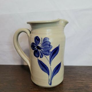 Williamsburg Pottery Country Style Pitcher Vase Cobalt Blue Flowers Stamped Vtg