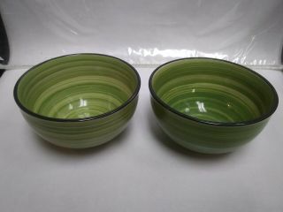 2 Gibson Green Bowls Hand Crafted Pottery Green Swirl Pattern 5 1/4 "