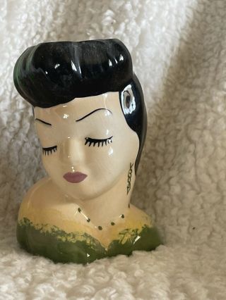 Vintage Lady Head Vase Glamour Girl Black Hair 6 In.  Tall Unmarked