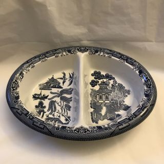 Churchill Blue Willow Stoneware Oblong Divided Serving / Vegetable Dish