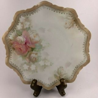 Vtg.  R S Prussia Scalloped Edge Plate 8 " Pink & White Rose Pattern W/ Gold Trim