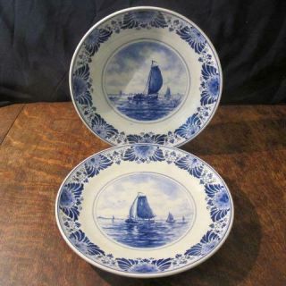 Vintage Fles Royal Delft Porceleyne Handpainted Barge Scene Plates