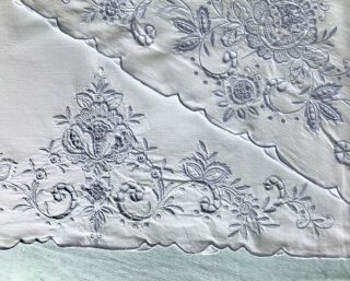 Vintage Pair Pillowcases White Cotton With Pale Blue Hand Embroidery Cutwork