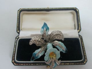 Vintage Marcasite Blue Enamel Oriental Lily Flower Brooch Lapel Pin