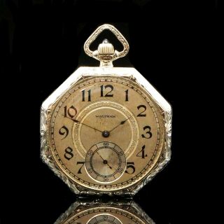 Rare 1926 Waltham 12s Solid 14k White Gold Art Deco Engraved Pocket Watch