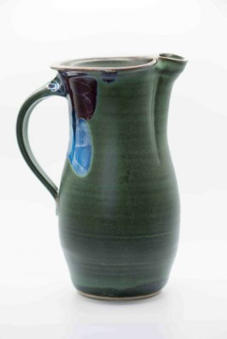 Vintage Pottery Pitcher Matte Green Handle Blue Purple Glossy Signed By Artist