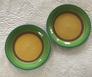 Set Of 2 Royal Norfolk Striped 10.  5 " Dinner Plates.  Yellow,  Red,  Green,  Blue