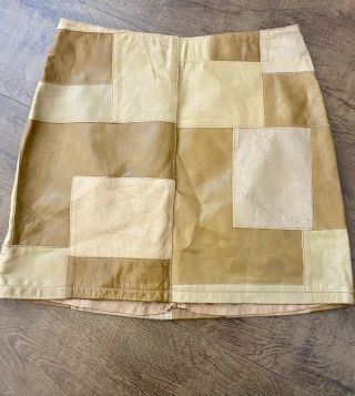 Vtg 70s 80s Tan Brown Patchwork Mini Leather Skirt Cowgirl Hippie - 10 12