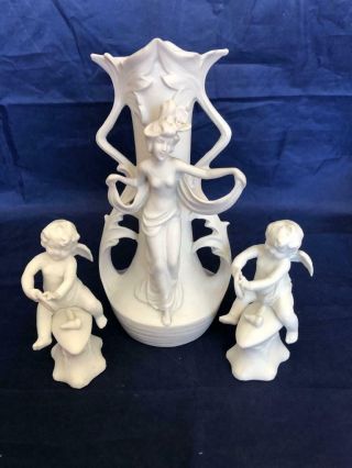 Vintage Dresden Volkstedt Blanc De Chine Porcelain Spill Vase/ Figure & Cherubs.