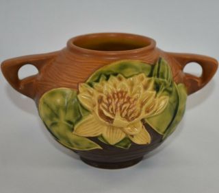 Vintage Roseville Pottery Water Lily Brown Bowl 437 - 4