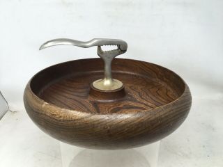 Vintage 10” Mcm Wooden Nut Bowl With Built In Nutcracker