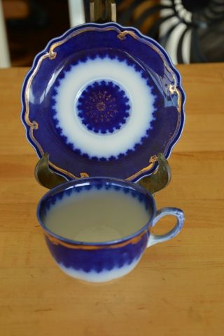 Marquis Flow Blue Cup And Saucer Grindley Gold Trimmed