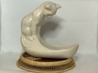 Mcm Royal Haeger White Pottery Cat Kitten Fish Bowl Figurine