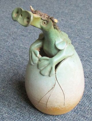 Vintage Yare Style Pottery Baby Dragon Emerging From A Egg Figure 5.  1/2 Inches