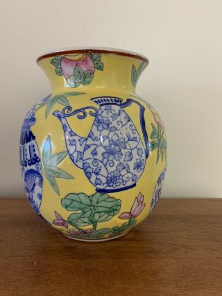 Vintage Chinese Vase,  Hand Painted,  Flowers And Pottery On Yellow Ground