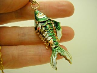 Vintage Large 1950 ' s Gold Plated Articulated Enamel Fish Pendant & Chain 2