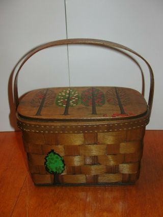 Vintage Wood Sewing Box Basket Handle Hinged Lid Hand Painted Folk Art - Euc