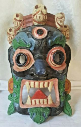 Vintage Carved,  Painted Baron Rangda Lion Mask Wall Plaque Skulls Topeng Demon