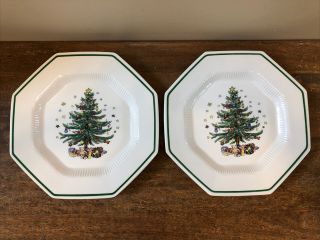 Nikko Christmastime Set Of 2 Octagonal Dinner Plates Christmas Tree 10 3/4 "