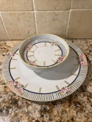 Vintage Noritake Art Deco Hand Painted 2 Tier Crackers/ Dip Serving Dish Plate