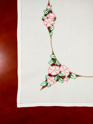 Vintage Medium Fine Linen Hand Embroidered Tablecloth Cutwork Roses
