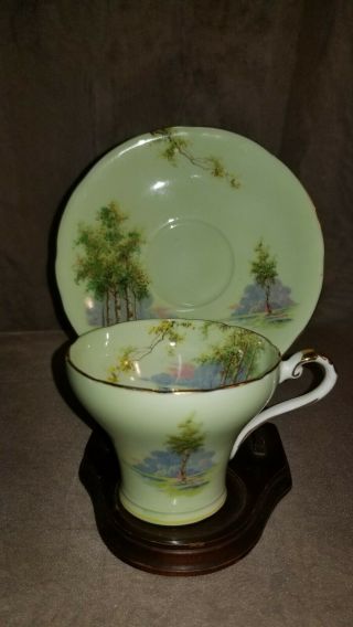 Vintage Aynsley Gilded Meadow Scene Scenic Corset Style Teacup & Saucer 2