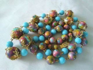 Vintage Glass Bead Necklace 30 " Long,  Turquoise Blue & Rainbow Colours