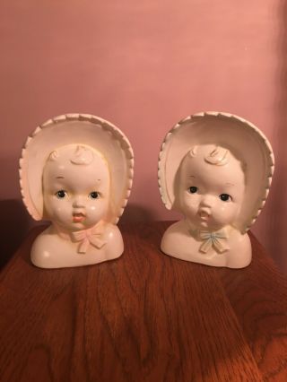 Vintage Baby Girl And Baby Boy Head Bust With Bonnet Planter Vase 5.  5 " Pink/blue